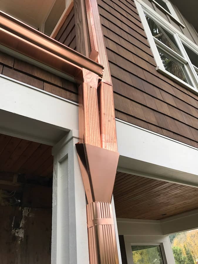 Copper K-Style Gutters with Corrugated Downspout
