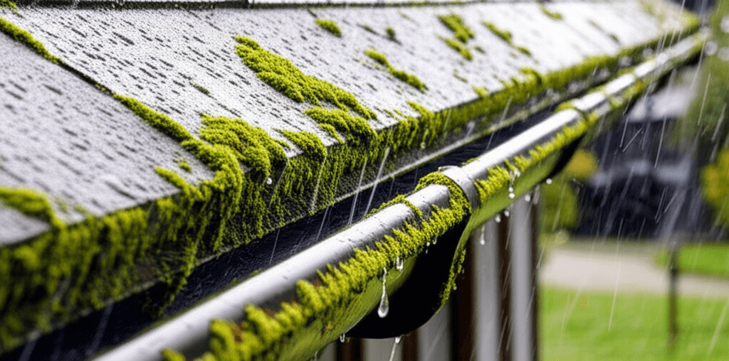 Standard gutters with moss growth