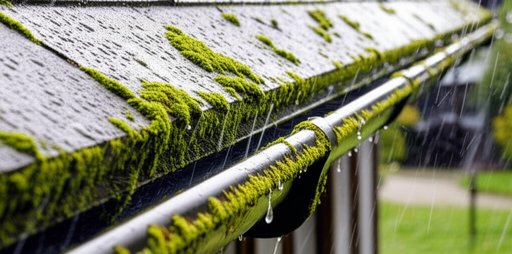 Standard gutters with moss growth